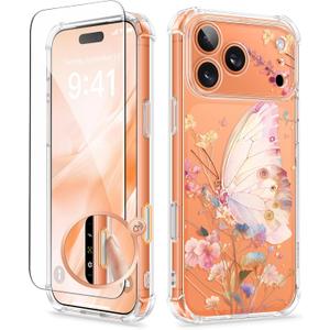 GVIEWIN for iPhone 17 Pro Max Case with Screen Protector, Upgraded [Full Camera Protection] [Non Yellowing] Floral Slim Shockproof Clear Women Phone Cover for iPhone 17 Pro Max 6.9"(Strelitzia/Orange)