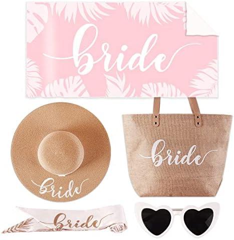 5 pc Bride Beach Bag Honeymoon Gift, Bachelorette Gifts for Bride, Bride to be Gifts, Bride Straw Sun Hat, Bag, Microfiber Towel, Silk Scarf, Sunglasses, Bridal Shower Gift (Bride Beach Gift Set)