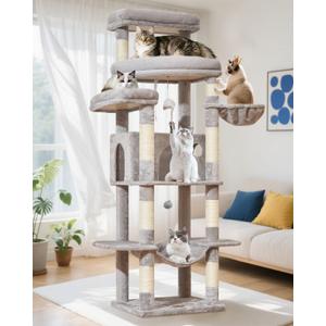Taoqimiao 71 Inches Cat Tree for Large Cats 20lbs+, 3 Giant Perches, Multi-Level Cat Tree Tower, Widened Cat Condo with 9 Scratching Posts, Luxurious Hammcock & Basket, Light Gray, MS034W