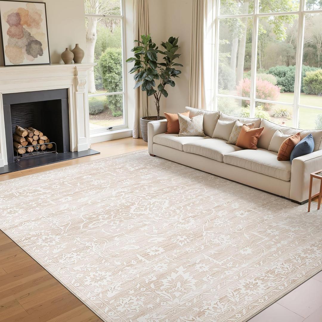 6x9 Area Rugs for Living Room, Stain Resistant Neutral Washable Rugs for Dining Room, Floral Vintage Non-Slip Thin Area Rug Farmhouse Rug Beige