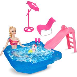 BETTINA Pool Playset - Glam Pool with Slide, Doll Pool Accessories Includes Beach Chair, Beach Umbrella, Dog, Swimming Pool Set for 12 Inch Dolls, Bath Toys for Dolls