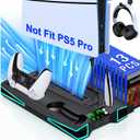 PS5 Stand, PS5/PS5 Slim Cooling Station with 3-Level Cooling Fan, Controller Charger Station for PS5 Accessories, Light, Headset Holder, 3 Charger Ports for PlayStation 5 Slim Console, Black