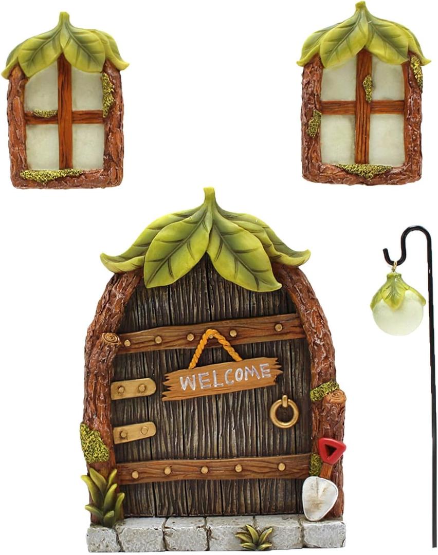 Fairy Door and Windows Garden Kit Accessories Outdoor, Glow in Dark Gnome House for Tree, Lawn Yard Art Sculpture, Miniature Garden Decor (Leaf)