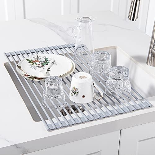 U-Taste Roll Up Dish Drying Rack 20.4 by 13 Inches, Over The Sink Foldable Multipurpose Silicone Dish Drainer Warm Gray, Large