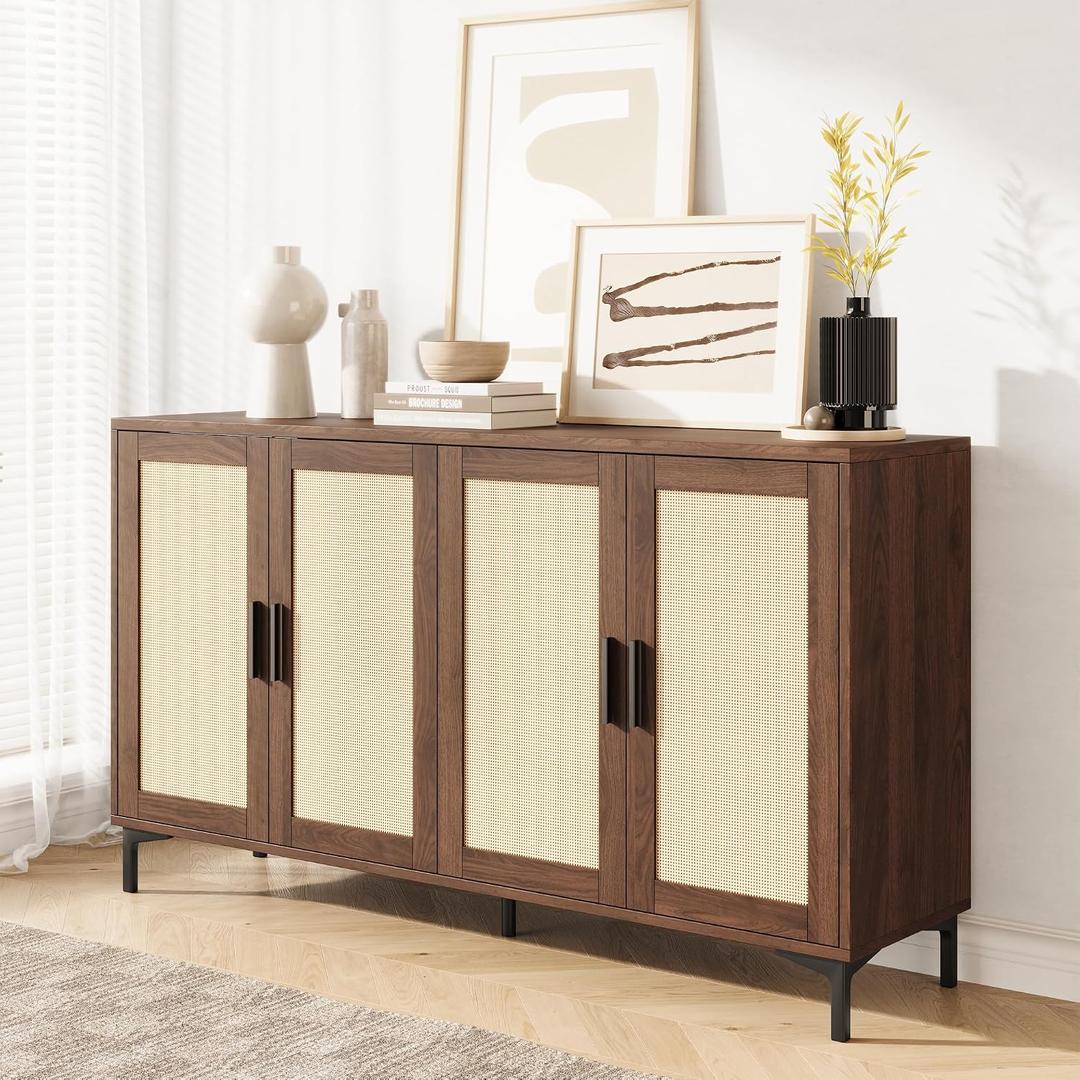 JASIWAY Buffet Cabinet with Storage, 48" Rattan Sideboard with Adjustable Shelves, Modern Coffee Bar Cabinet Console Table with Doors, Credenza for Kitchen, Living Room, Entryway, Dining Room, Walnut, 48.4x15"x33.4"