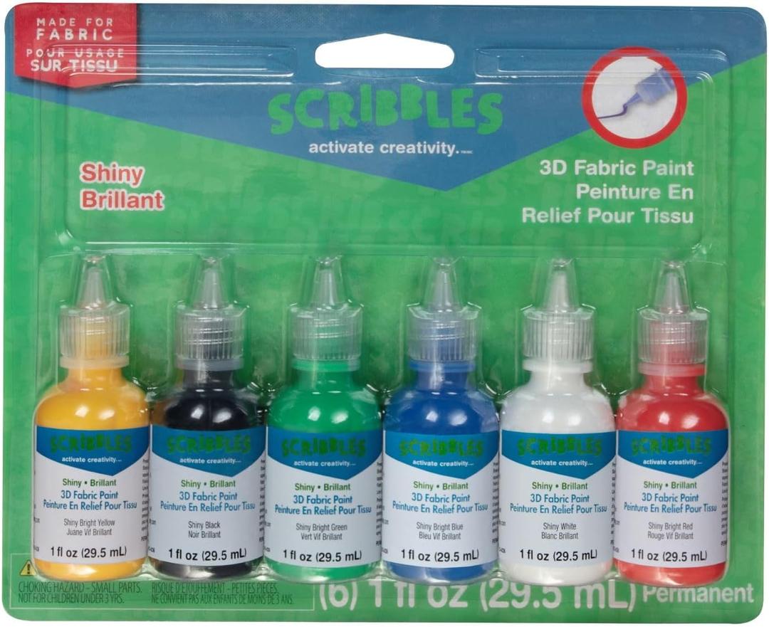 Scribbles Permanent Fabric Paint, Shiny 3D, 1 fl oz 6-Pack