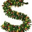 9FT Christmas Garland with Lights, Pre-Lit Christmas Garland Decorated with Red Berries Silver Balls and Pinecones, Battery Operated Christmas Decorations for Mantle Fireplace Indoor Outdoor Home