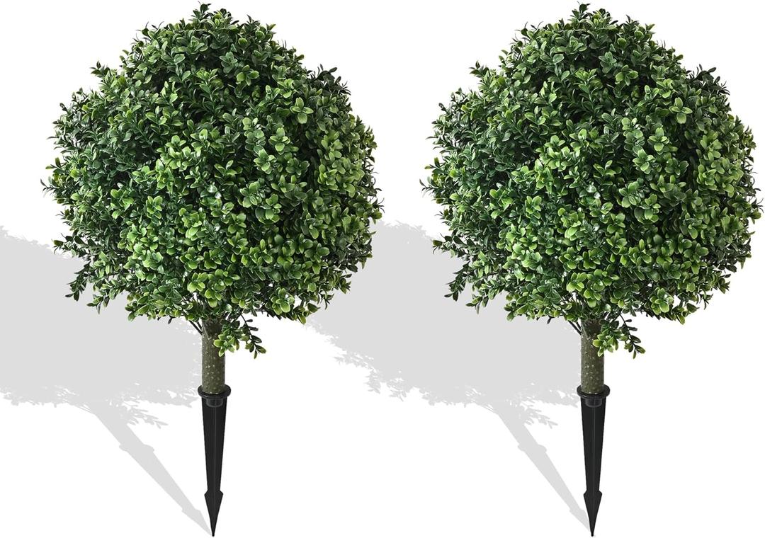 28" Artificial Boxwood Topiary Ball Trees with Ground Spike for Outdoor,Set of 2 UV Resistant Artificial Shrub Bushes,Artificial Plants,Fake Boxwood Plants for Indoor, Garden, Yard,Patio Dcor
