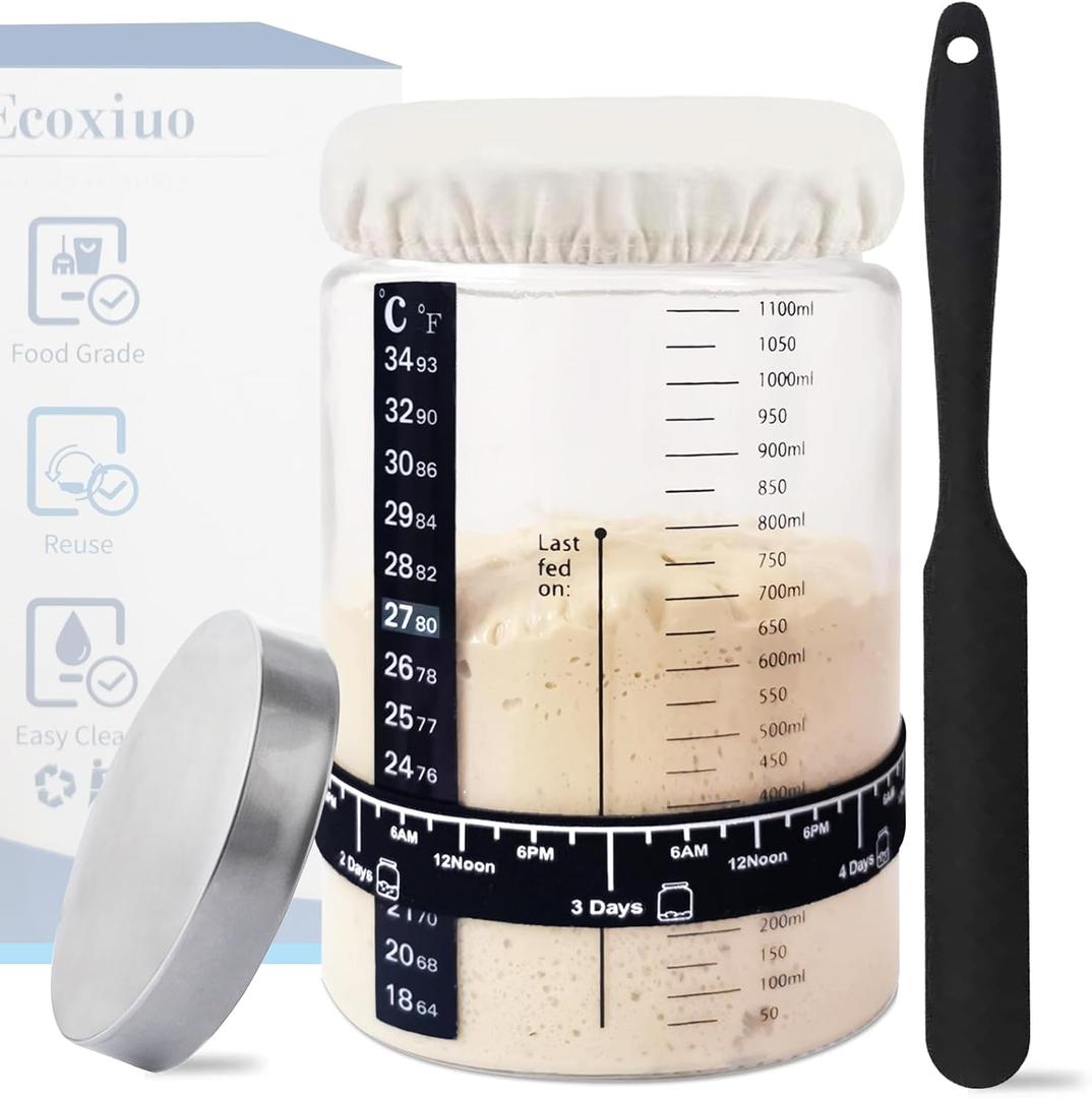Sourdough Starter Kit -40oz Thick Glass Sourdough Starter Jar Sour Dough Container for Bread Baking Includes Guide Sourdough Container Perfect Sourdough Bread Baking Gift for Home Bakers (1-pack)