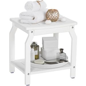 2-Tier HDPE Shower Bench with Non-Slip Foot Pads, Wood-Like Spa Shower Stool for Inside Shower, Ergonomic Waterproof Bathroom Bench Seat with Storage Shelf, for Seniors & Adults (White)