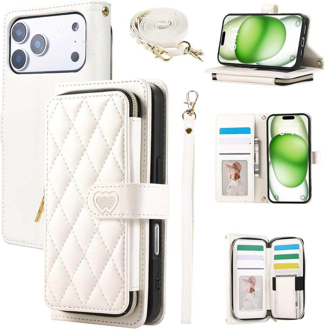 Wallet Case for iPhone 17 Pro 6.3 inch with Zipper Card Holder & Shoulder Strap & Wrist Strap, Crossbody Purse Handbag Stylish Protective Cover for iPhone 17 Pro -White