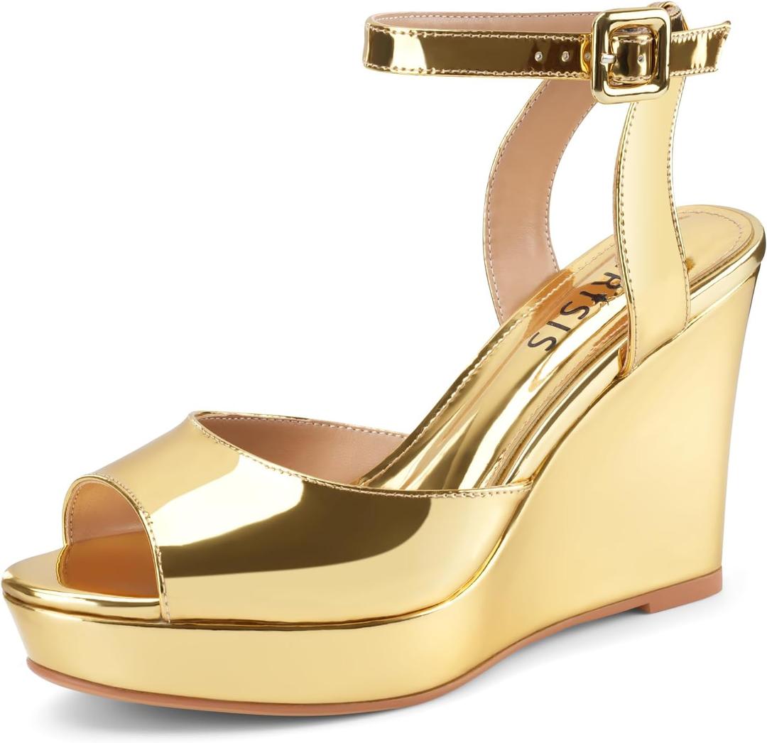 Women's Dressy Platform Wedge Sandals Gold Wedges Peep Toe Patent High Heels Slingback Heeled Comfortable Ankle Strap Shoes (9.5)