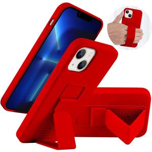 LAUDTEC Silicone Kickstand Case Compatible with iPhone 13, Vertical and Horizontal Stand Hand Strap Metal Kickstand Cover, Flexible Soft Liquid Silicone Stand Case for iPhone 13 (Red)