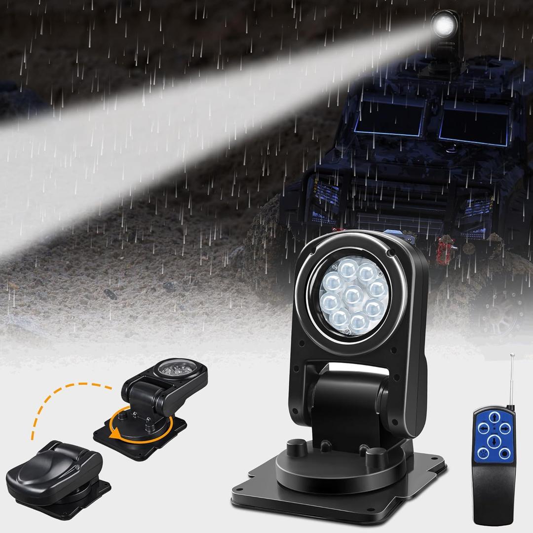 Remote LED Spot Lights for Trucks, Auto-Return 360 Rotating Search Light for Truck Marine Spotlight 180 Folding Backup Lights 12V 24V, Permanent Mount