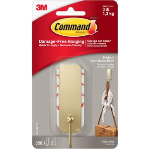 Command Medium Satin Brass Hooks, 1 Hook and 1 Strip, Damage-Free Hanging Wall Hook with Adhesive Strips, No Tools Coat Hooks for Hanging Home Decor, Holds up to 3 lb
