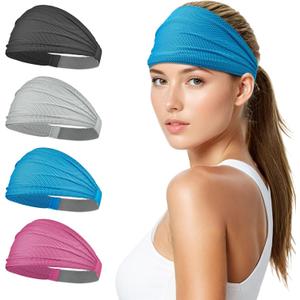 Sukeen Wide Headbands for Women, Instant Cooling Elastic Non-Slip Workout Headbands, Moisture-Wicking Sports Sweatbands for Gym, Yoga, Running, Fitness (Black/Gray/Blue/Rose Red)