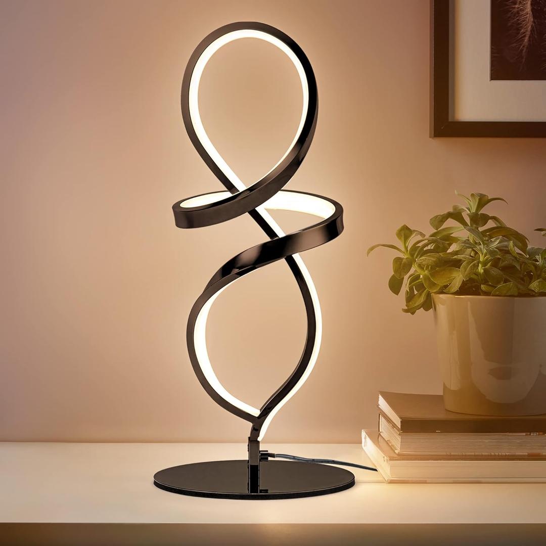 Mayful Modern Table Lamp with LED Spiral Design, Bedside Lamp with Stepless Dimming Switch, Contemporary Nightstand & Black Table Lamp for Bedroom, Living Room, Home Office, 12W 3200K, Warm White