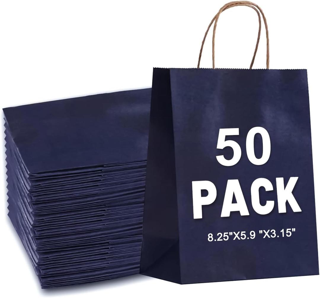Gift Bags 8.25"x5.9 "x3.15" 50Pcs Paper Bags with Handles,kraft paper Bags for Small Business Christmas Bulk, Wedding, Party Favor, Shopping, Lunch, Halloween Trick-or-Treat (Navy Blue)
