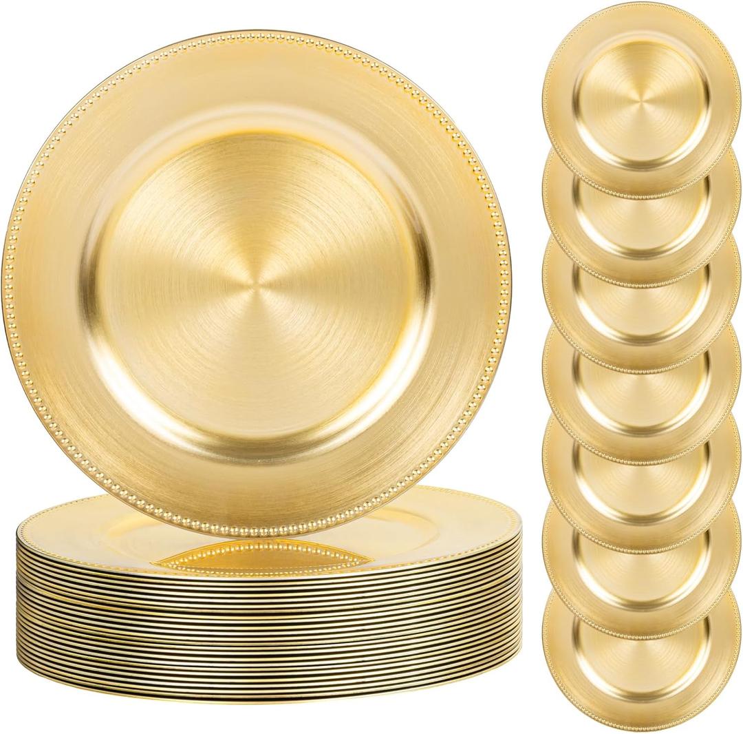 LIYH 24 Pcs Plastic Round Charger Plates 13'' Gold Charger Plates Chargers for Dinner Plate Great for Table Setting Wedding Party Decoration