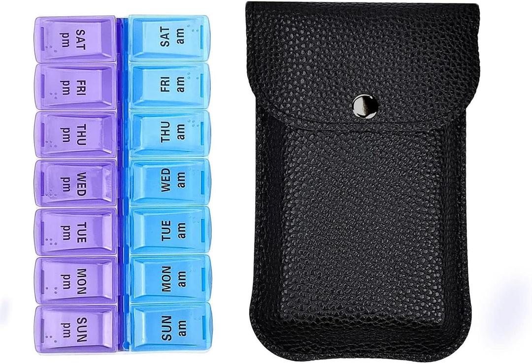VOFOON Travel Pill Organizer 2 Times a Day, PU Leather Portable Pill Case for Women/Men, 7 Day AM PM Pill Box with Travel Pouch Medicine Organizer for Vitamins Medicine Fish Oils Supplements (Small)