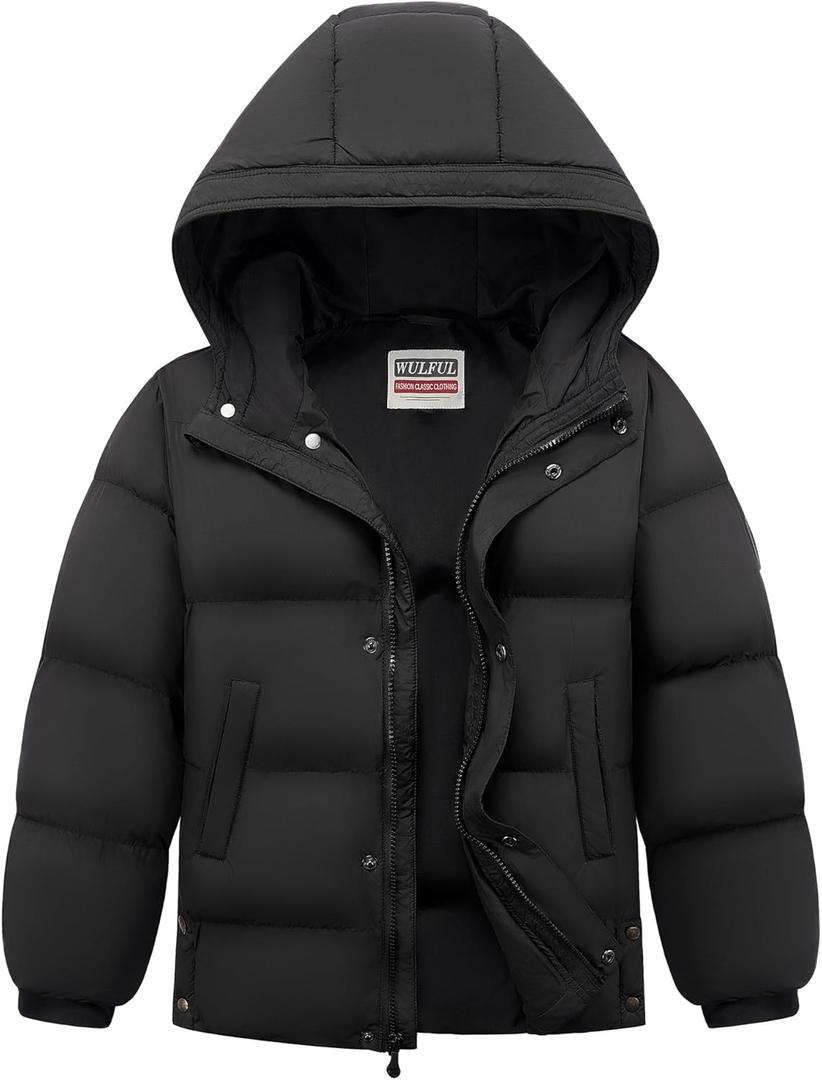 WULFUL Kids Boy's Winter Coat Hooded Puffer Windbreaker Warm Cotton Jacket Parka Down Outdoor Coats (Black)