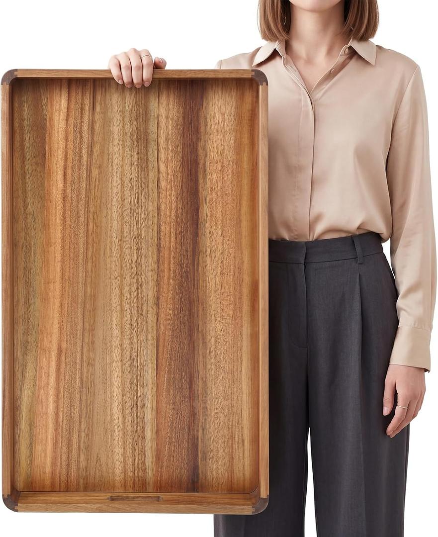 Blushtier 32 x 18 Inch Extra Large Wood Serving Ottoman Tray, Round Corner