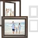 2-Pack Rotating Double Sided Picture Frame - 8x10 Floating Double Plexiglass Desk Frames Vertical/Horizontal Display, Brown Wood with 5x7/6x8 Photo Mats