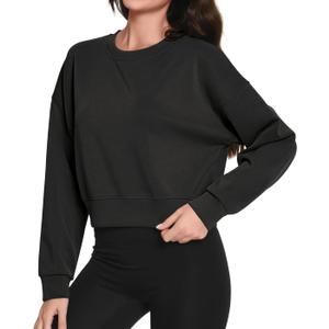 Auriviz Womens Modal Long Sleeve Cropped Sweatshirts Oversized Workout Shirts Crew Neck Pullover Crop Tops (Small, Black)