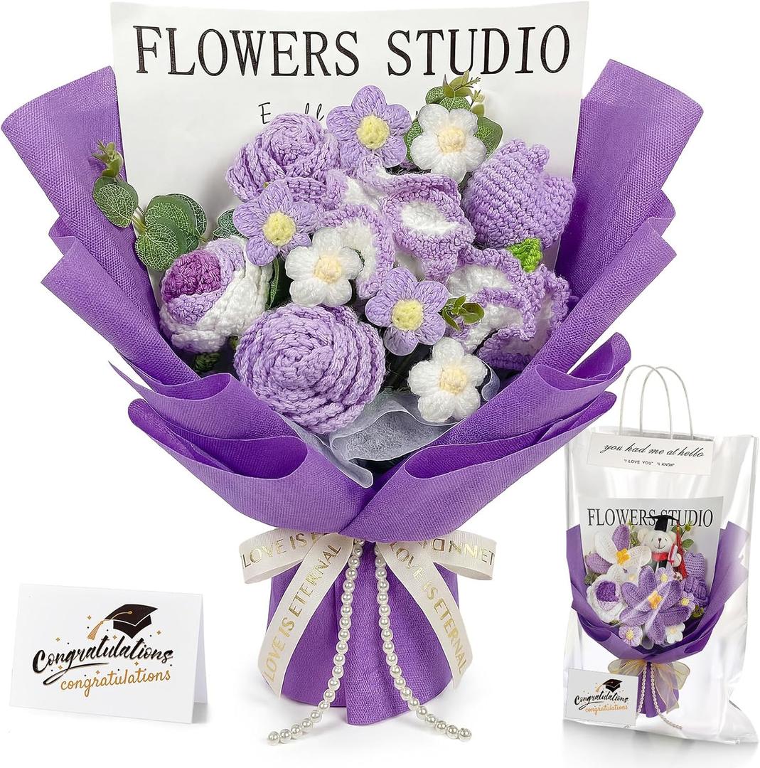 Giegxin Graduation Crochet Flower Bouquet Set, Class of 2026 Handmade Knitted Bouquet Artificial Flower of Rose Romantic Congrats Grad Gift for Her Girlfriend Mom Wedding Appreciation Gift(Purple)