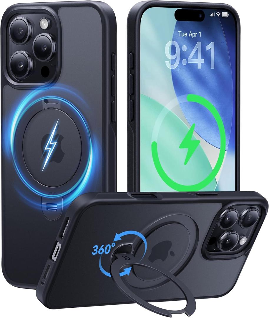 CASEKOO Patented 360 Spin Magnetic Stand for iPhone 16 Pro Case [Military Drop Protection] [Non-Slip Edge] [Compatible with MagSafe] Matte Shockproof Slim for 16 Pro Case 6.3'', Black