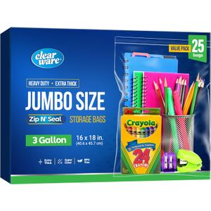 Large Storage Bags With Zipper Top - 3 Gallon Size, 16" x 18", Extra Large Plastic for Clothes, Travel, Moving, Large Reusable freezer bags, BPA-Free, 2-mil Thick (X-Large, 25, Count)