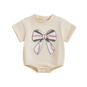 Nibbcoa Newborn Baseball Outfit Baby Girl Baseball Bow Embroidery Bubble Romper Short Sleeve One Piece Sweater Bodysuit (Beige, 0-3 Months) (Beige)