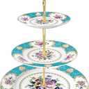 fanquare 10 Inch Floral Porcelain Cake Stand, Vintage Dessert Plate with Gold Trim, Blue Tea Cake Stand (Blue, Three-Tier)