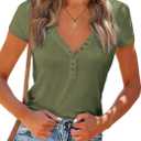 PRETTYGARDEN Women's Summer Casual Henley T-Shirts Short Sleeve V Neck Button Up Ribbed Knit Slim Fit Basic Tops (Green, Small)