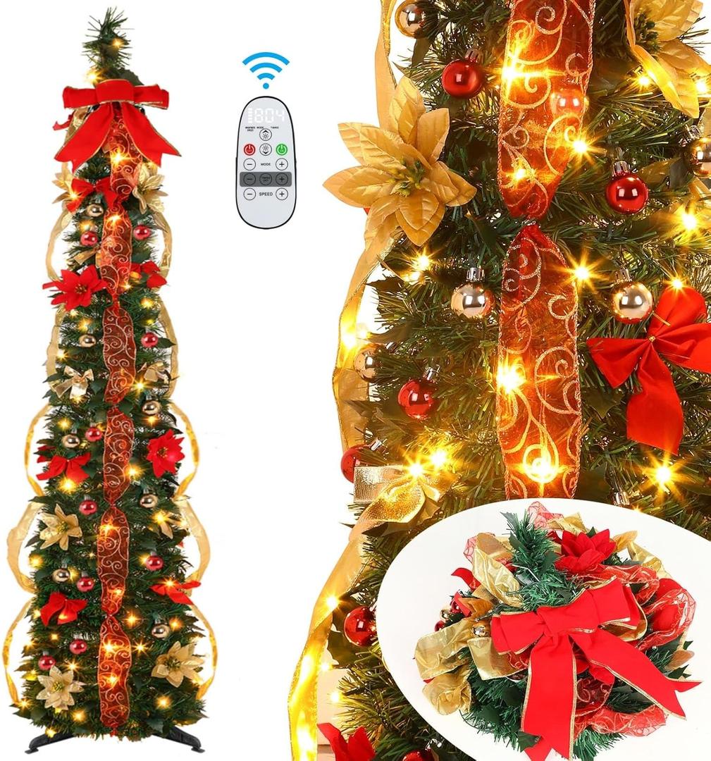 Alupssuc 6.5ft Pop Up Prelit Pencil Artificial Christmas Tree with Remote Control, Pre-Decorated Red&Gold Decorations, Pre-Lit White & Multi-Color Lights, Perfect Choice for Xmas Decoration, 6.5 FT