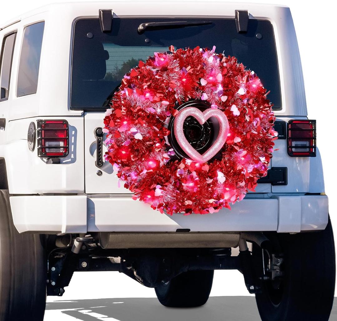 Valentines Day Car Wreath Spare Tire Decoration LED Tire Cover DIY Kit Include 100ft Tinsel Pink Red Garland Foam Heart 100 LED String Lights for Truck SUV Holiday Outdoor Decor