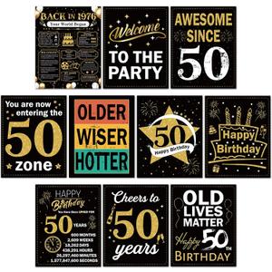 4 x 10pcs Black Gold 50th Birthday Decorations Happy 50 Years Old Posters for Men Women 1976 Birthday Poster Signs for Fifty Years Old Table Toppers Photo Props Supplies Wall Door Window Decor 11 x 14 in