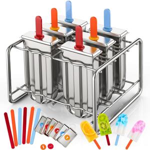 Stainless Steel Pop Molds, 6 Round Head Metal Pop Molds with Holder & Reusable Sticks, Metal Ice Cream Makers for Frozen Yogurt Fruit Ice Cream Sorbet Making(Square)