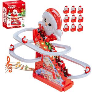 Climbing Stair Slide Toy, Electric Santa Roller Coaster Toy Set with LED Flashing Lights & Music, Christmas Roller Climbing Toys for Kids Boys Girls 9Pcs Santas