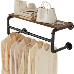 Yawinhe Industrial Pipe Clothes Rack with Top Shelf, Wall Mounted, Space Saving Hanger with 4 Bases, for Shops, Homes, 27.5''Lx10.2''Wx10.2''H, Rustic Brown, 1-Pack