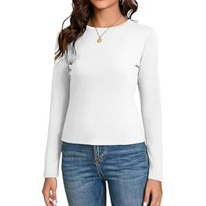Dwnval Women's Fall Long Sleeve Crewneck T Shirt Basic Slim Fitted Knit Going Out Tops(White, M)