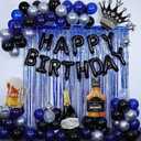 Blue and Black Happy Birthday Decorations for Men,Birthday Decorations with Banner, Fringe Curtains,Foil Balloons, Balloon Kits for 21st,25th 27th 30th 35th 40 50 60th Birthday Decorations