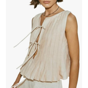 Linen Bow Tie Front Tank Top Women Coquette Pleated Peplum Blouse Y2K Babydoll Ruffle Shirt Sleeveless Tunic Outfits Size M