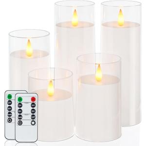 Homemory Realistic Flickering Battery Operated Candles, LED Fake Electric Candle with Remote Control and Timer, Flameless Candles for Home, Christmas Decoration, White, Set of 5 (D3"xH4"5"6"8"8")