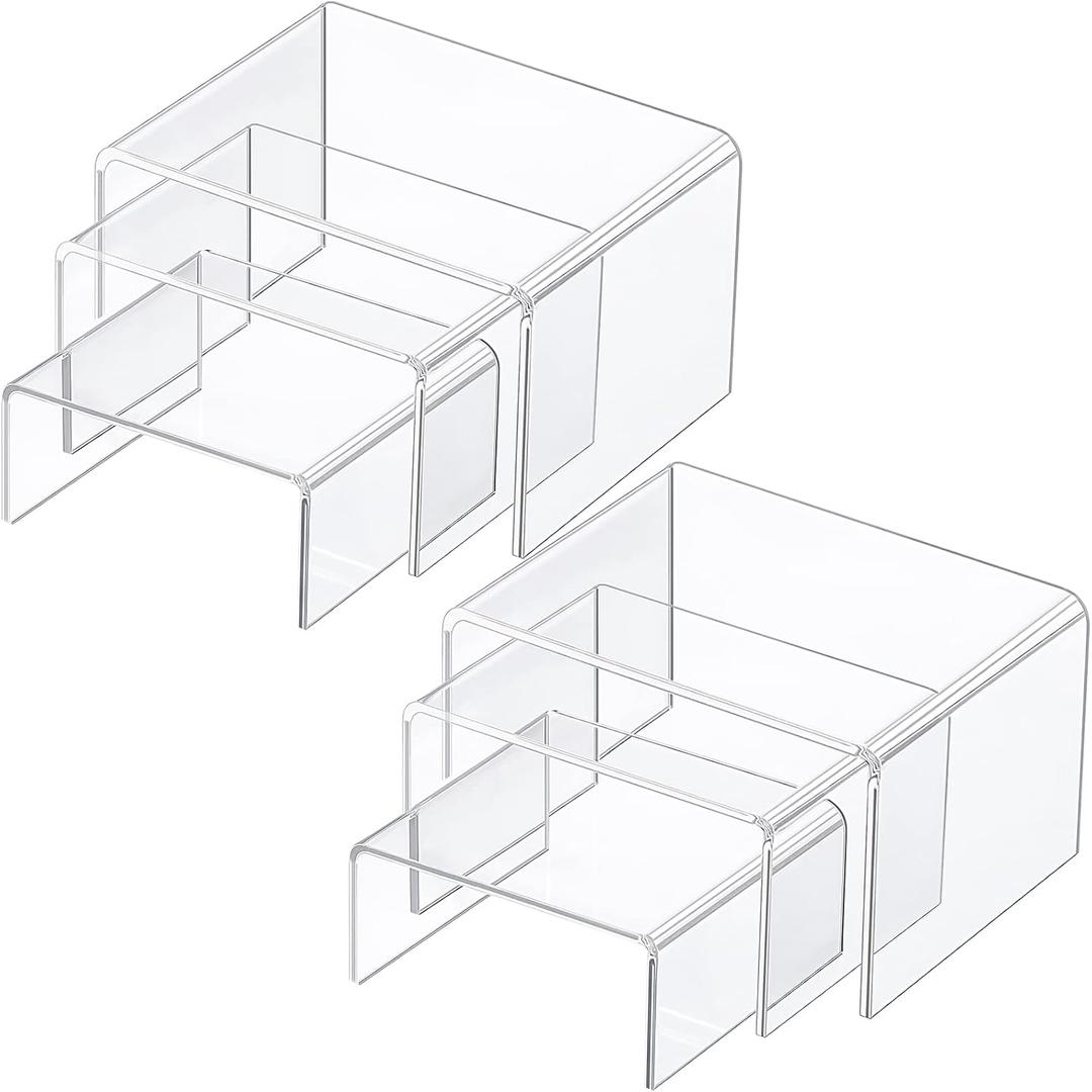 Chuangdi 2 Sets Acrylic Display Risers, Product Stand, Jewelry Display Riser Shelf Showcase Fixtures for Dessert Cupcake Candy Figure Treat Action Showcase(Clear,Small Set)