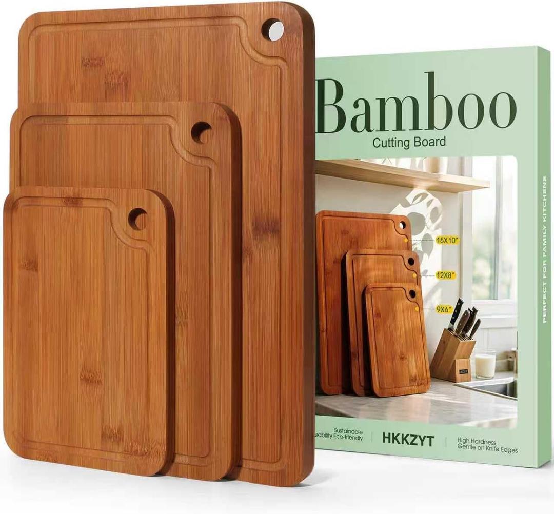 Bamboo Cutting Boards for Kitchen Set of 3, Wooden Cutting Board Non Toxic with Side Handle, HKKZYT Wood Chopping Board with Deep Juice Groove, Knife-Friendly, Kitchen Gift (Dark Color)