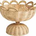 Mud Pie Rattan Pedestal Bowl with Scalloped Rim, Natural Wicker Basket Natural Woven Rattan Footed Bowl with Looped Scallop Edge for Fruit, Bread and Centerpiece Displays, 14.5"D x 14.5"W x 10.25"H
