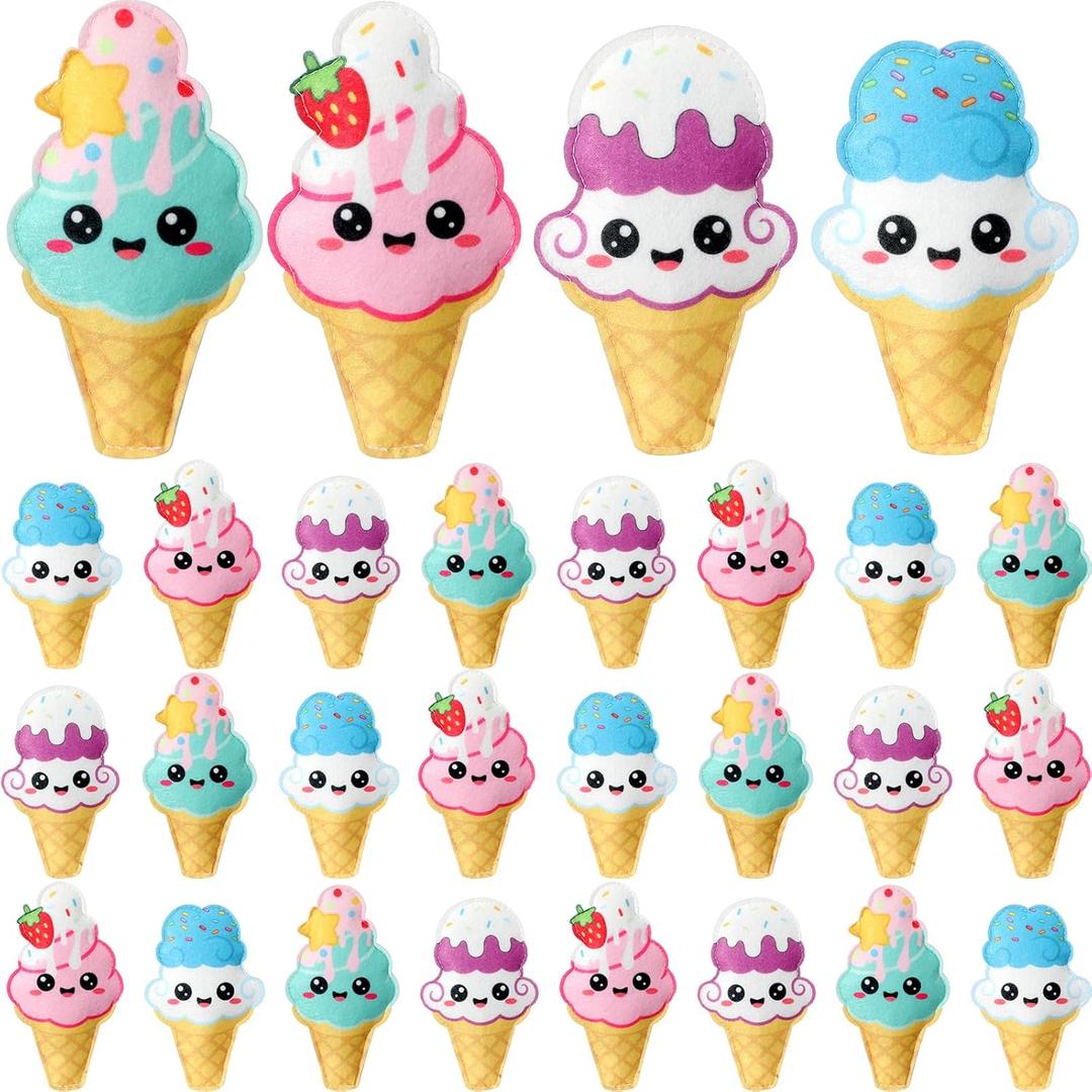 24 Pcs Plush Ice Cream Cones Toys, 4 Styles, Soft and Cuddly Soft Stuffed Toys, Plush Party Supplies, Cute Ice Cream Theme Decorations and Supplies