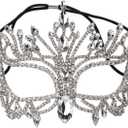 Ldabrye Rhinestones Masquerade Half Face Halloween Costume Accessories for Men Women Masquerade Halloween Cosplay (Silver)