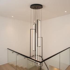 Modern Chandelier 5 Lights Cluster LED Black Long Large Hanging Pendant Lighting High Ceiling Fixture for Hallway Stairs Staircase with Remote Control